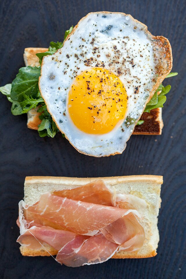 Fried Egg, Prosciutto, and Red Pepper Jam Breakfast Sandwich