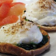 Poached Eggs Over Sauteed Garlic Spinach