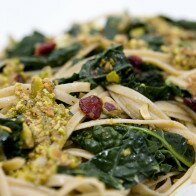 Whole Grain Linguine with Kale, Dried Cranberries, and Pistachio Sauce