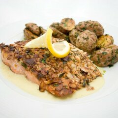 Almond-Crusted Copper River Salmon with Leek and Lemon Cream