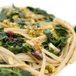 Whole Grain Linguine with Kale, Dried Cranberries, and Pistachio Sauce