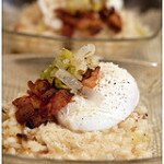 Bacon and Leek Risotto with White Wine-Poached Duck Eggs