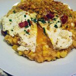 Corn Risotto with Basil Breadcrumbs, Pancetta, and a Fried Egg