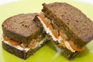 Moroccan Carrot and Goat Cheese Sandwich with Green Olive Tapenade