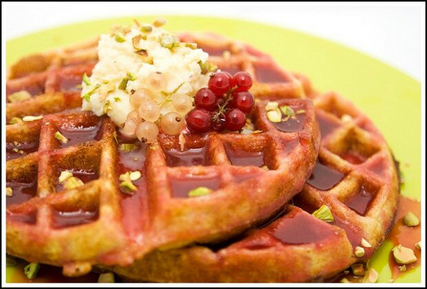 Cornmeal Waffles with Fresh Currant Syrup Topped with Honeyed Mascarpone and Pistachios