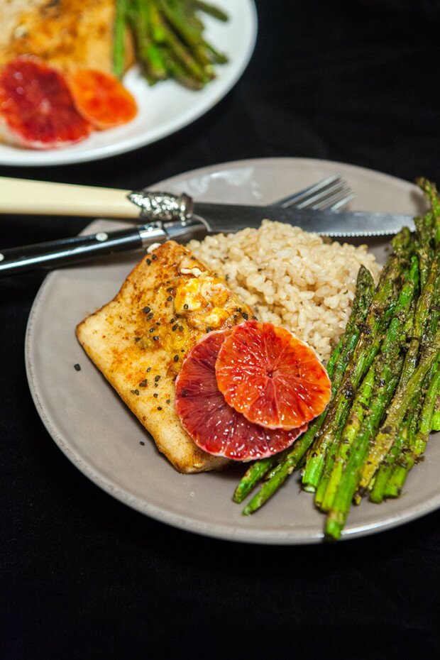 Pan-Seared Mahi Mahi with Blood Orange Butter & Pesto Roasted Asparagus | www.spachethespatula.com #recipe