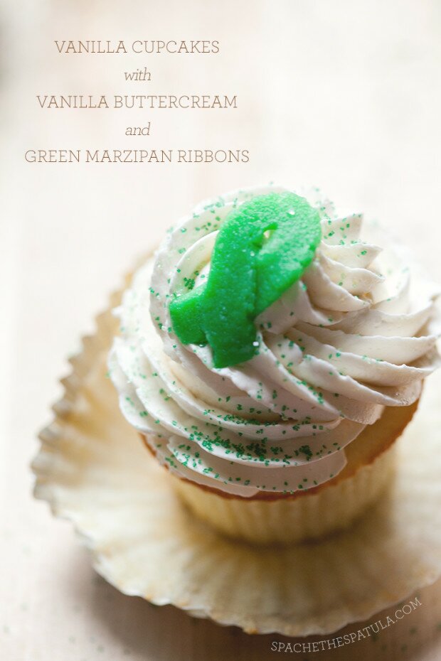 Vanilla Cupcakes with Vanilla Buttercream and Green Marzipan Ribbons | www.spachethespatula.com #recipe