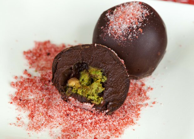 Pistachio Crunch Truffles with Strawberry Sugar Dust