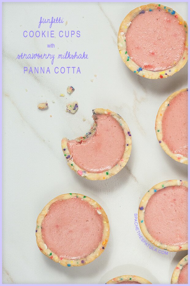 Funfetti Cookie Cups filled with Strawberry Milkshake Panna Cotta | www.spachethespatula.com #recipe