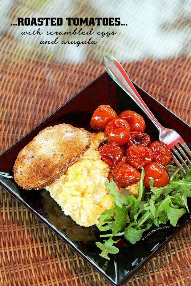 Roasted Tomatoes with Scrambled Eggs and Arugula | www.spachethespatula.com #recipe