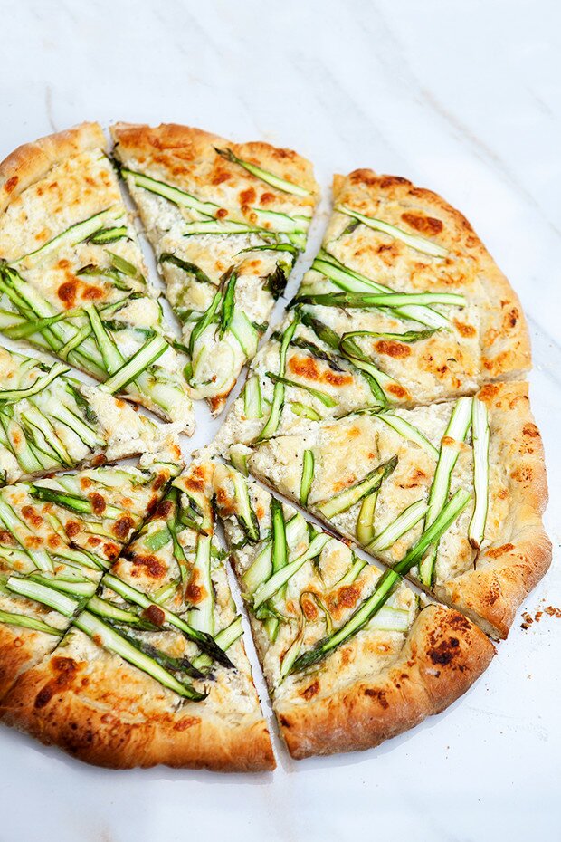 Asparagus Gruyere Pizza with Garlicky Whipped Ricotta