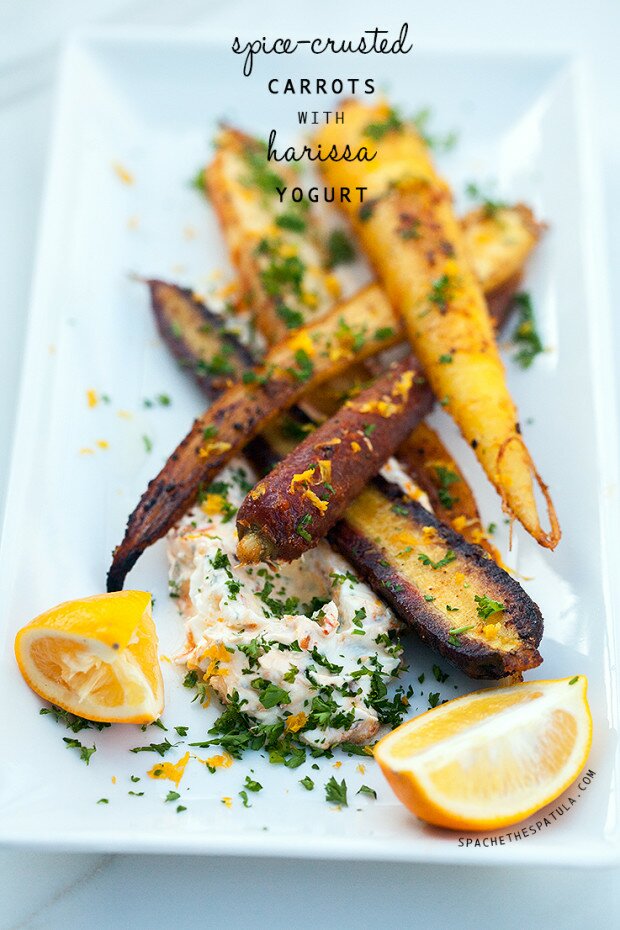 Spice-Crusted Carrots with Harissa Yogurt | www.spachethespatula.com #recipe