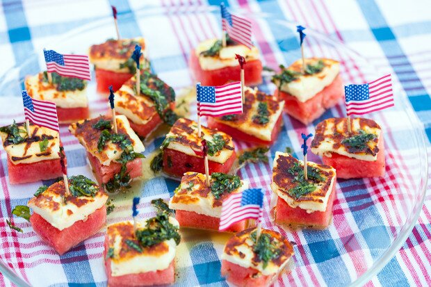 Watermelon & Halloumi Bites with Basil-Mint Oil | www.spachethespatula.com #recipe