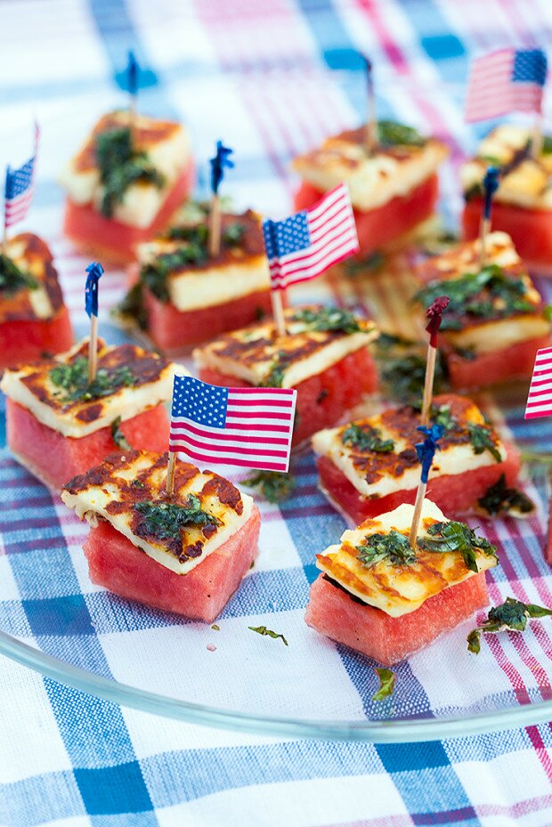 Watermelon & Halloumi Bites with Basil-Mint Oil | www.spachethespatula.com #recipe