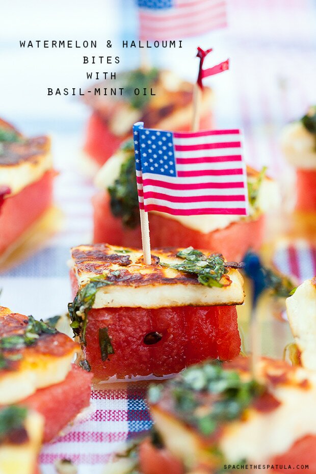 Watermelon & Halloumi Bites with Basil-Mint Oil | www.spachethespatula.com #recipe