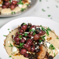 Chicken Sausages and Roasted Grapes over Rosemary Polenta | www.spachethespatula.com #recipe