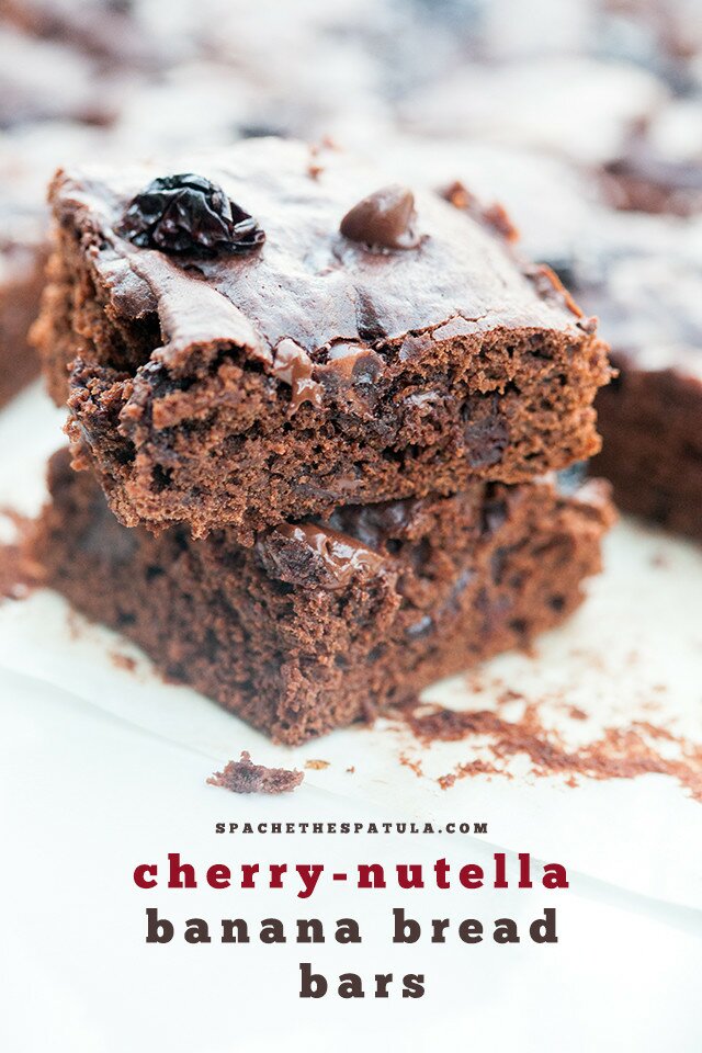 These chocolate-y little numbers are banana bread in bar form, studded with dried cherries and chocolate chips. They're super easy to make, and simple to make vegan! | www.spachethespatula.com #recipe