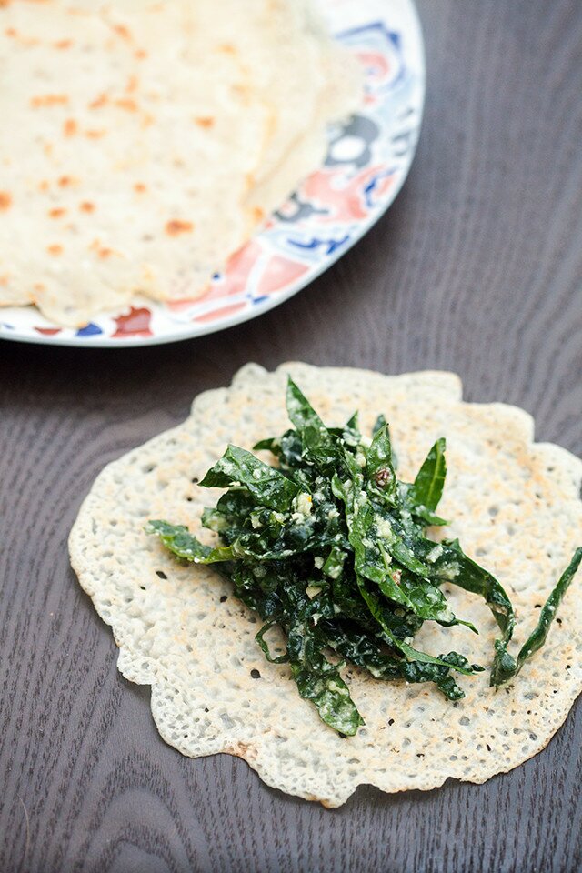 Thin, chewy, crispy Italian pancakes (made with only 2 ingredients) filled with prosciutto + provolone, or garlicky kale | www.spachethespatula.com #recipe