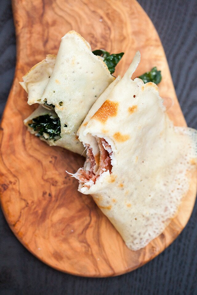 Thin, chewy, crispy Italian pancakes (made with only 2 ingredients) filled with prosciutto + provolone, or garlicky kale | www.spachethespatula.com #recipe