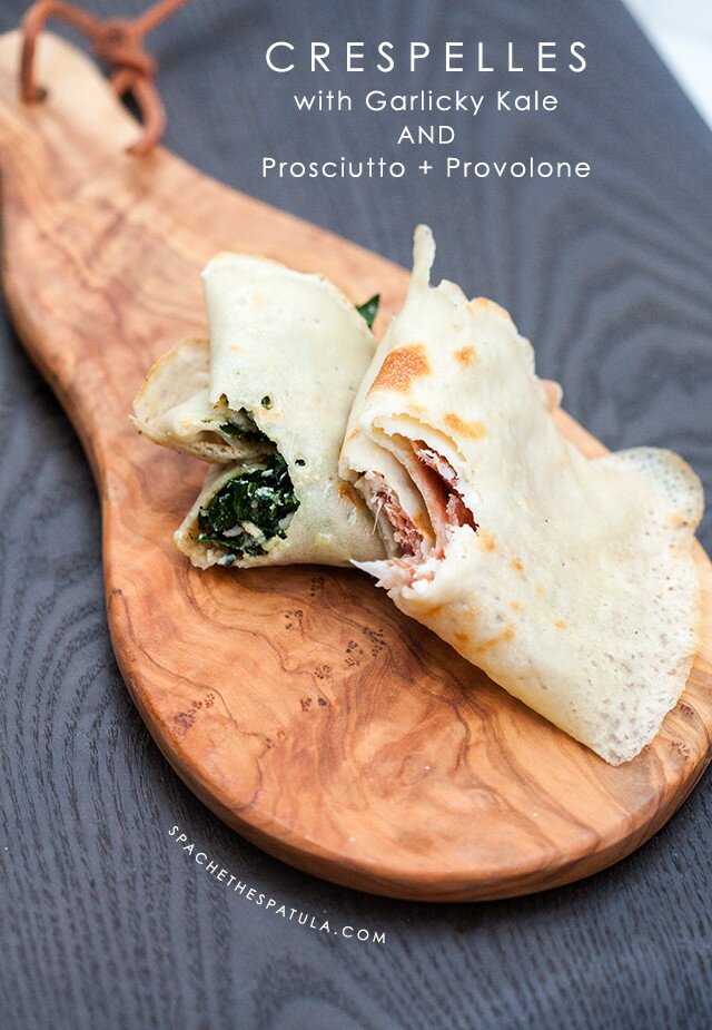 Thin, chewy, crispy Italian pancakes (made with only 2 ingredients) filled with prosciutto + provolone, or garlicky kale | www.spachethespatula.com #recipe