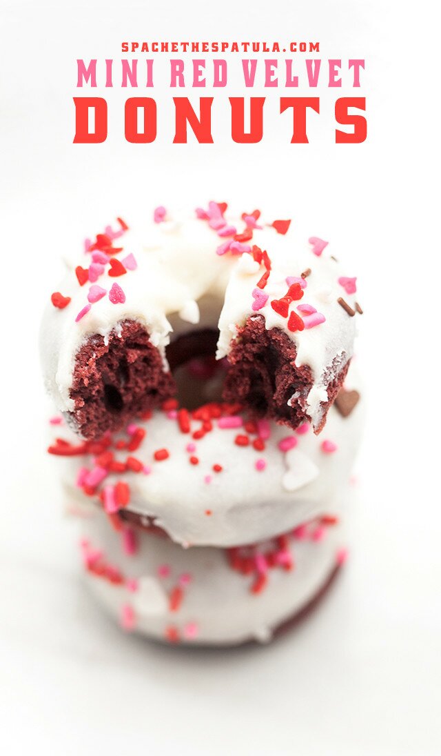 These little donuts contain extra cocoa powder for a more chocolatey red velvet. A cream cheese glaze and lots of sprinkles make them extra cute! | www.spachethespatula.com #recipe