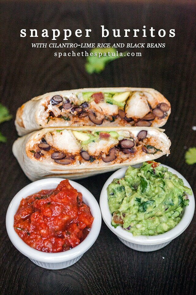 You can use any white fish in these flavorful, simple burritos, packed with cilantro-lime rice, and black beans cooked in tomato juice! | www.spachethespatula.com #recipe