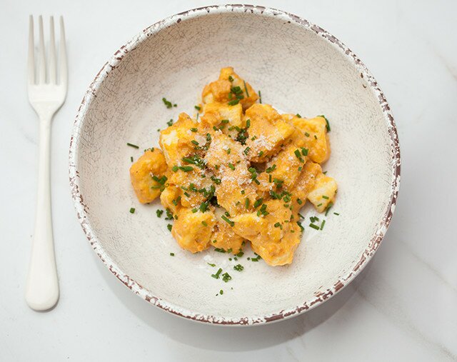 Homemade gnocchi takes just 15 minutes to make! Serve it with this outrageously tasty roasted carrot sauce for one of the best meals you'll ever taste! | www.spachethespatula.com #recipe