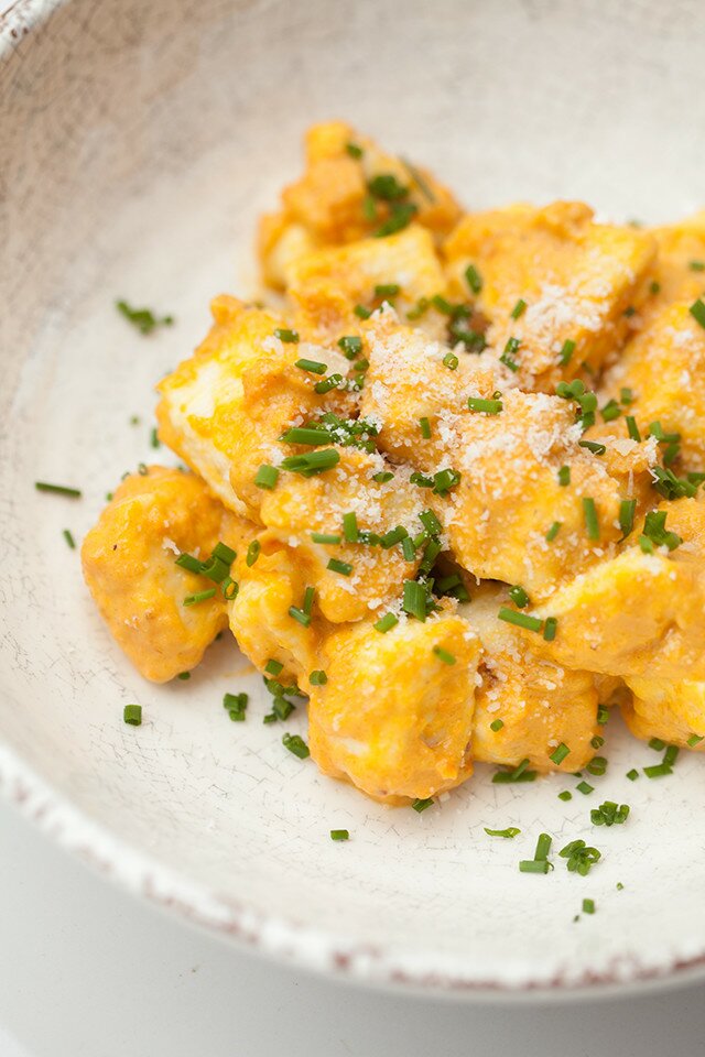 Homemade gnocchi takes just 15 minutes to make! Serve it with this outrageously tasty roasted carrot sauce for one of the best meals you'll ever taste! | www.spachethespatula.com #recipe