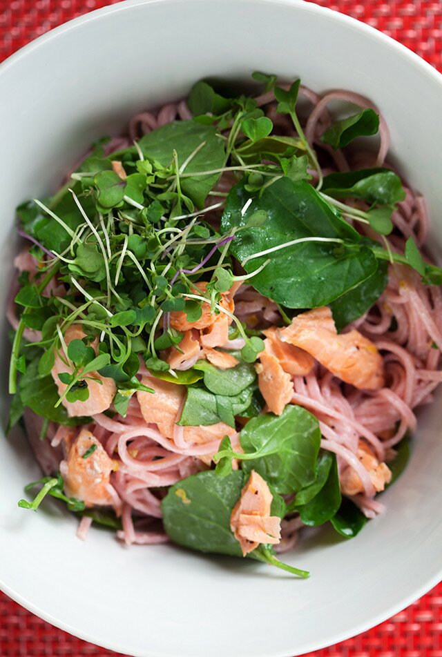 Pink Soba with Salmon and Watercress