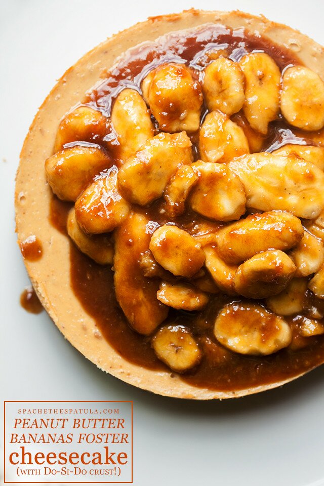 A Do-Si-Do Girl Scout cookie base, a peanut butter & banana cheesecake filling, and a bananas foster topping...it doesn't get any better than this folks! | www.spachethespatula.com #recipe