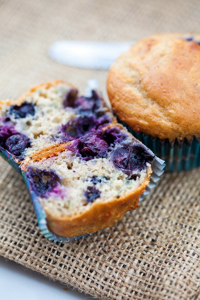 You choose---Whole grain and refined sugar-free? or a more standard AP flour and sugar version! Both contain tons of blueberries and are less than 100 calories each! | www.spachethespatula.com #recipe