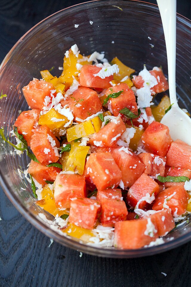 A vibrantly refreshing and tropical fruit salad full of fresh coconut! | www.spachethespatula.com #recipe