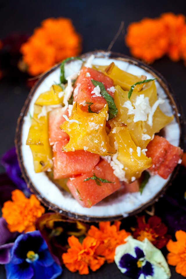 A vibrantly refreshing and tropical fruit salad full of fresh coconut! | www.spachethespatula.com #recipe