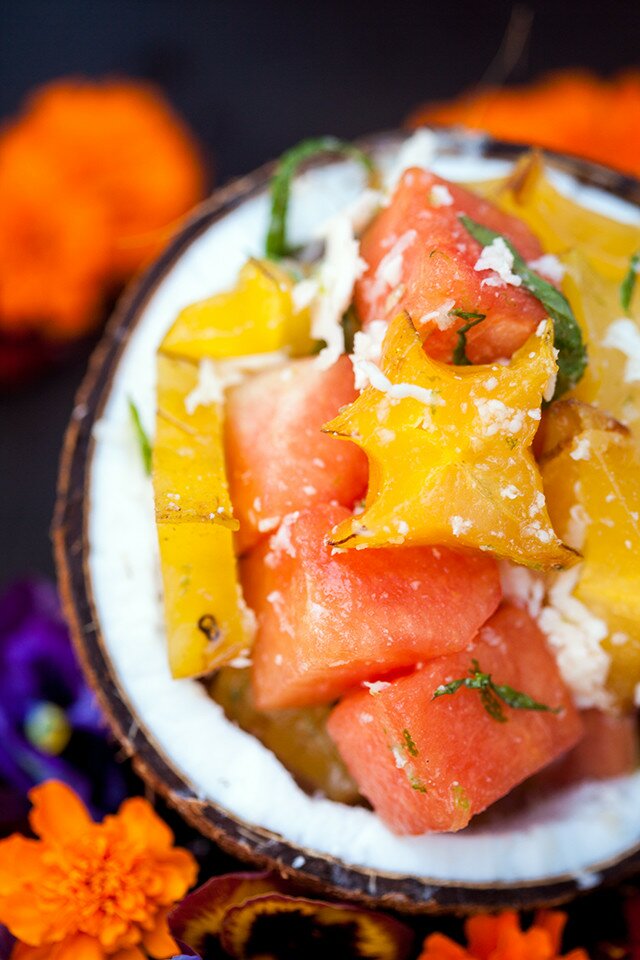 A vibrantly refreshing and tropical fruit salad full of fresh coconut! | www.spachethespatula.com #recipe