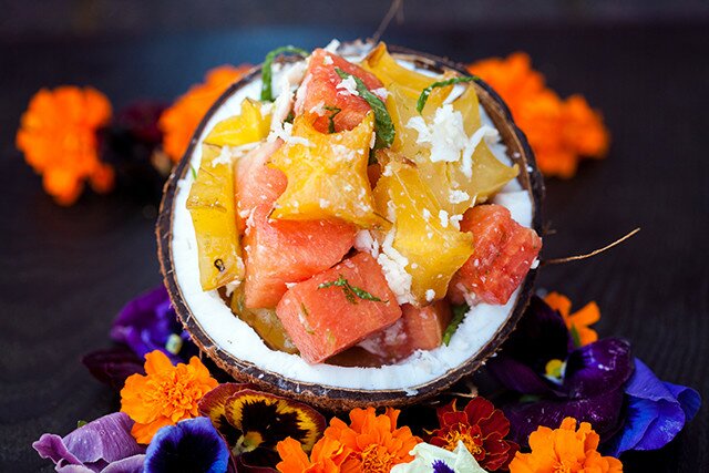 A vibrantly refreshing and tropical fruit salad full of fresh coconut! | www.spachethespatula.com #recipe