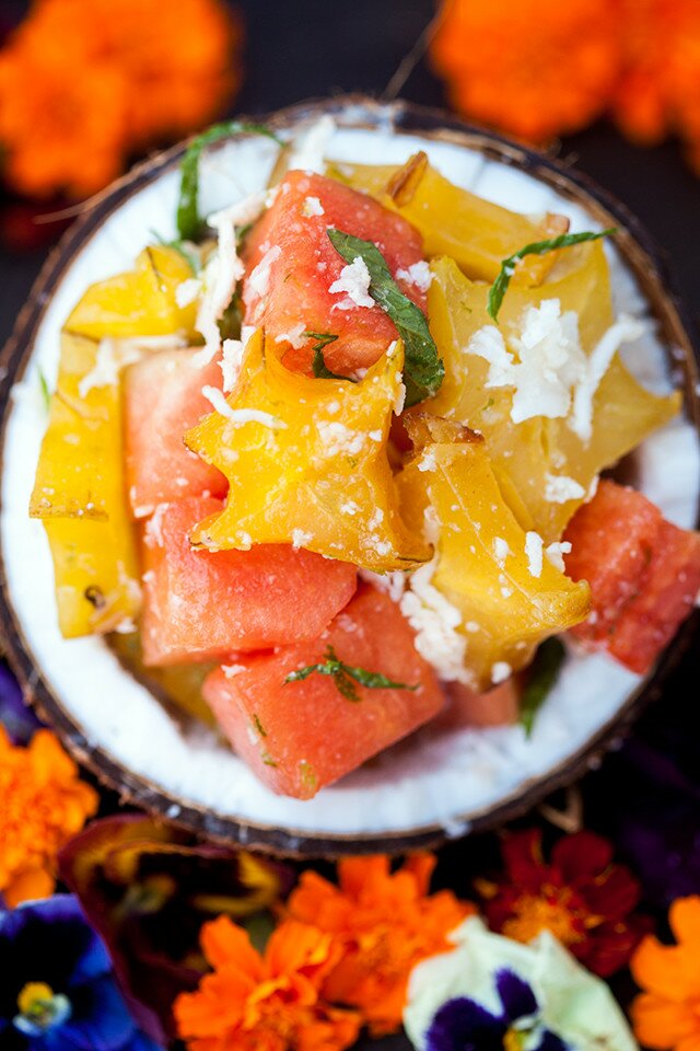 A vibrantly refreshing and tropical fruit salad full of fresh coconut! | www.spachethespatula.com #recipe