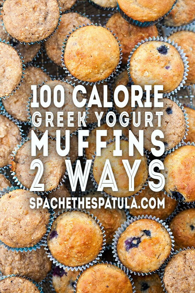 You choose---Whole grain and refined sugar-free? or a more standard AP flour and sugar version! Both contain tons of blueberries and are less than 100 calories each! | www.spachethespatula.com #recipe