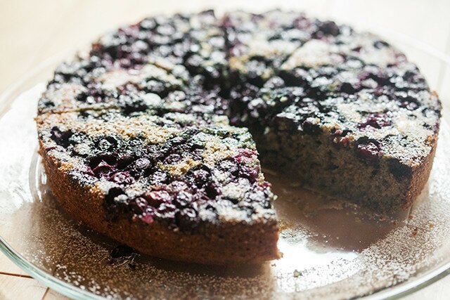 A soft and tender cake made with blue cornmeal for added flair, and studded with juicy blueberries | www.spachethespatula.com #recipe