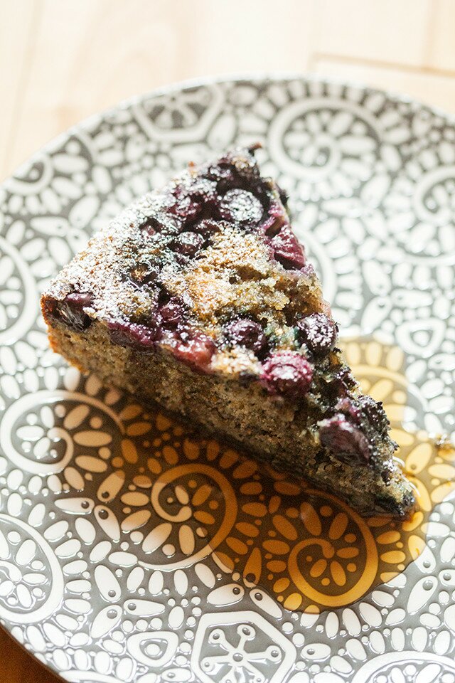 A soft and tender cake made with blue cornmeal for added flair, and studded with juicy blueberries | www.spachethespatula.com #recipe