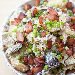 Blue cheese and sour cream make up the creamy base in this addictive potato salad! #BluesdayTuesday @castellousa| www.spachethespatula.com #recipe