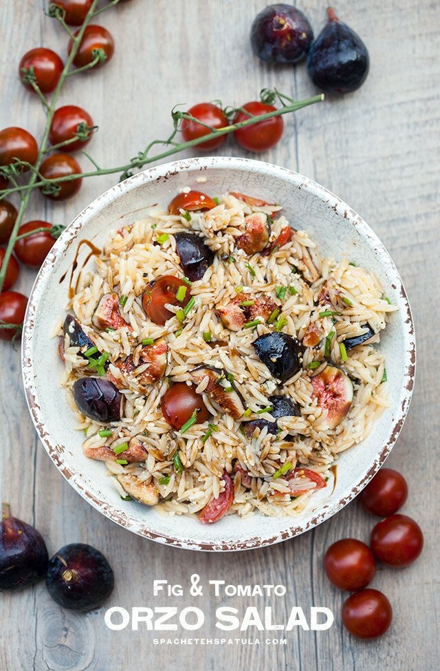 Juicy tomatoes, sweet figs, bold blue cheese, fresh herbs, and crunchy walnuts come together with a sticky drizzle of balsamic glaze, to create a Summer picnic, pasta salad masterpiece. | www.spachethespatula.com #recipe