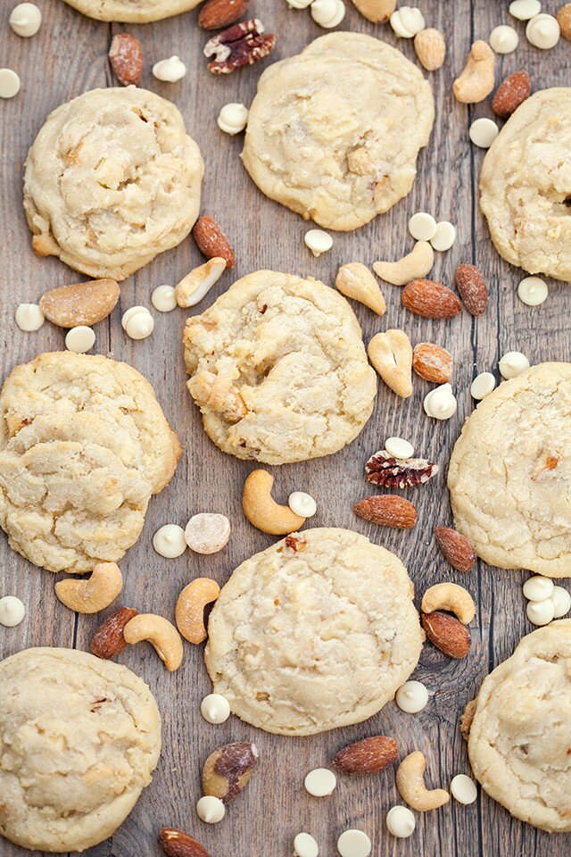 Super chewy cookies full of roasted mixed nuts and white chocolate | www.spachethespatula.com #recipe