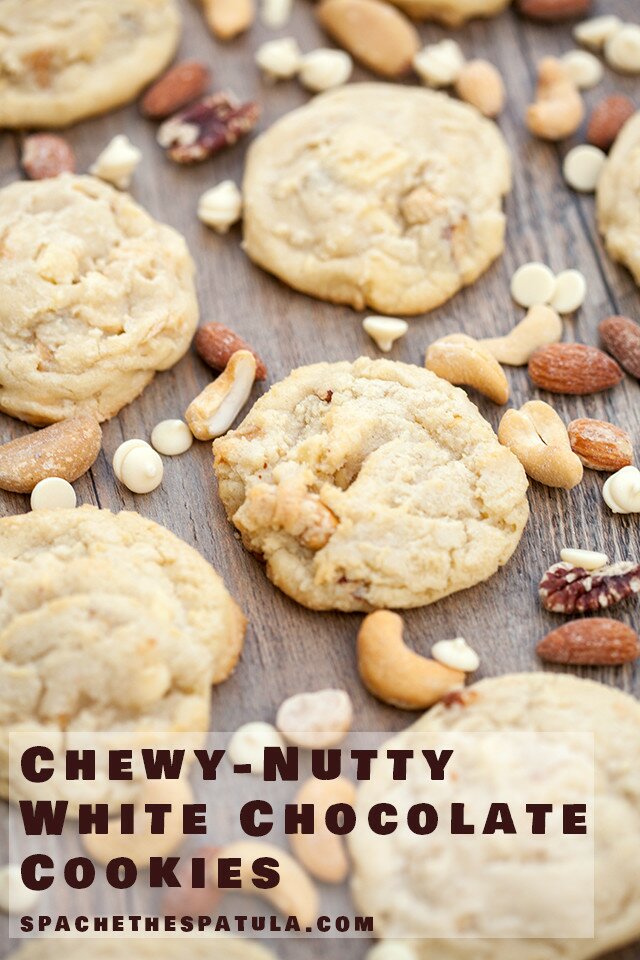 Super chewy cookies full of roasted mixed nuts and white chocolate | www.spachethespatula.com #recipe