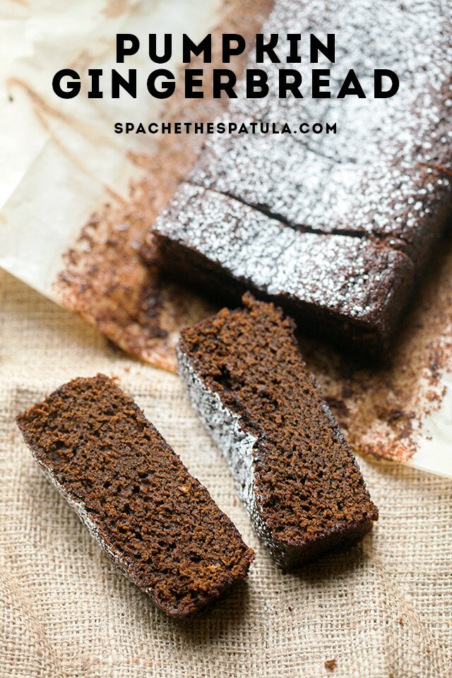 This gingerbread is sticky, moist, and full of holiday flavor...even PUMPKIN! | www.spachethespatula.com #recipe