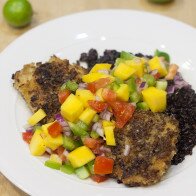 Transport your tastebuds to The Keys with the Yellowtail Snapper crusted with fried onions rings, and topped with a lime-butter sauce and mango salsa! #FLKeys | www.spachethespatula.com #recipe