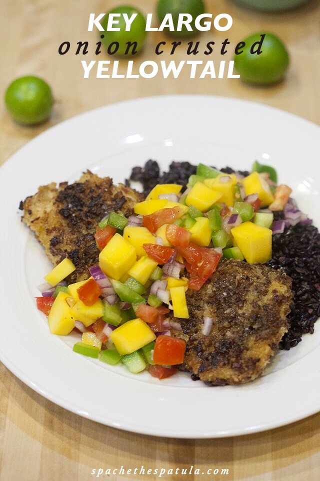 Transport your tastebuds to The Keys with the Yellowtail Snapper crusted with fried onions rings, and topped with a lime-butter sauce and mango salsa! #FLKeys | www.spachethespatula.com #recipe