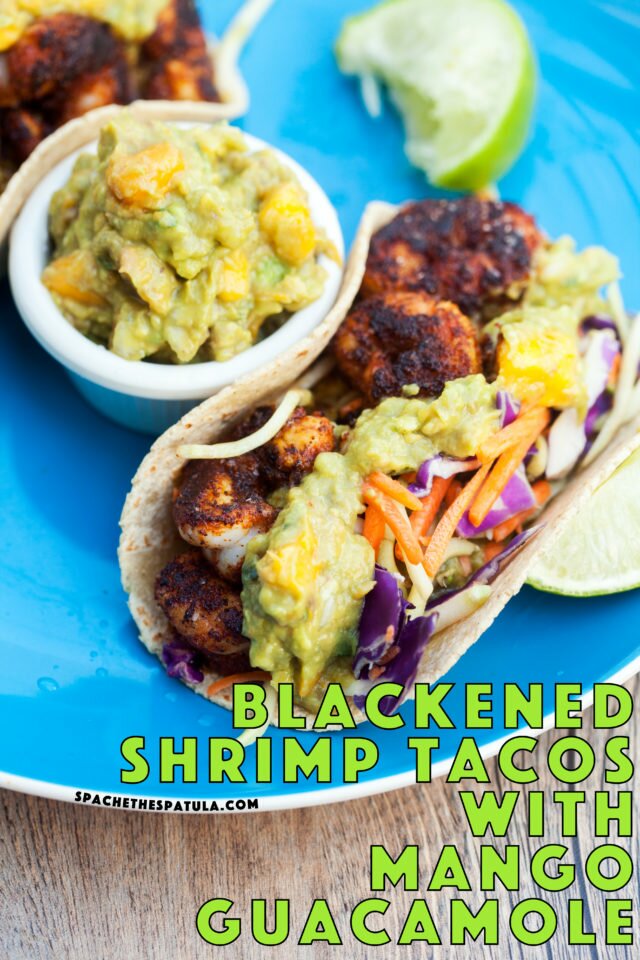 Bold and spicy shrimp pair perfectly with fruity and creamy mango guacamole! | www.spachethespatula.com #recipe