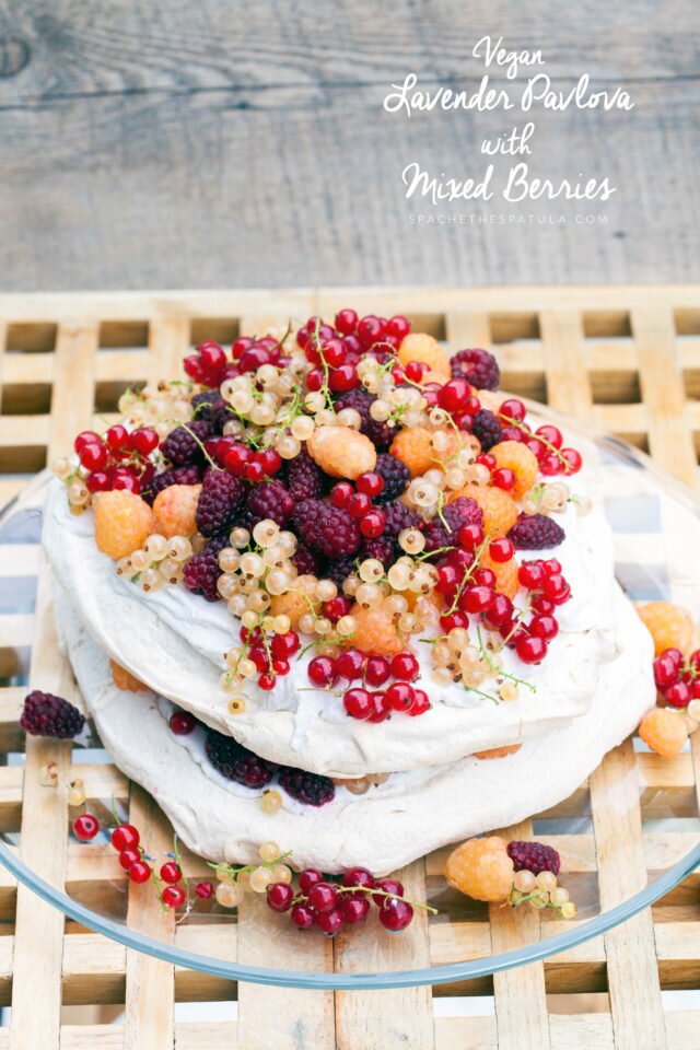 This crisp, creamy, perfectly delicious, lavender-scented pavlova is 100% #vegan and you would never know | www.spachethespatula.com #recipe #aquafaba