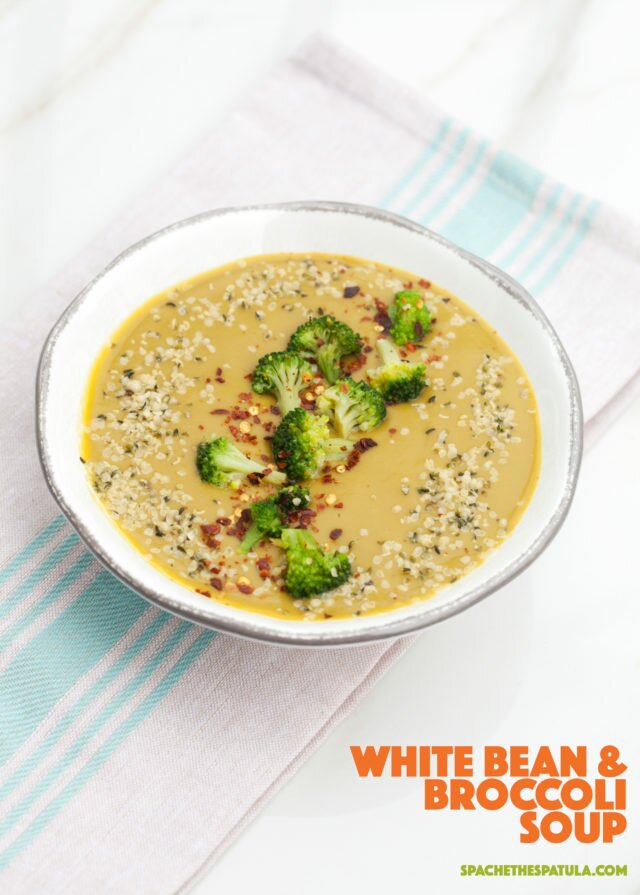 This super tasty broccoli soup gets its creaminess from white beans! | www.spachethespatula.com #recipe #vegan